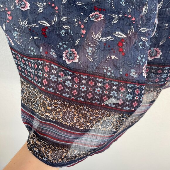 Knox Rose Womens XL Blue Floral Print Short Sleeve Semi Sheer Tunic Top Boho - Picture 7 of 10